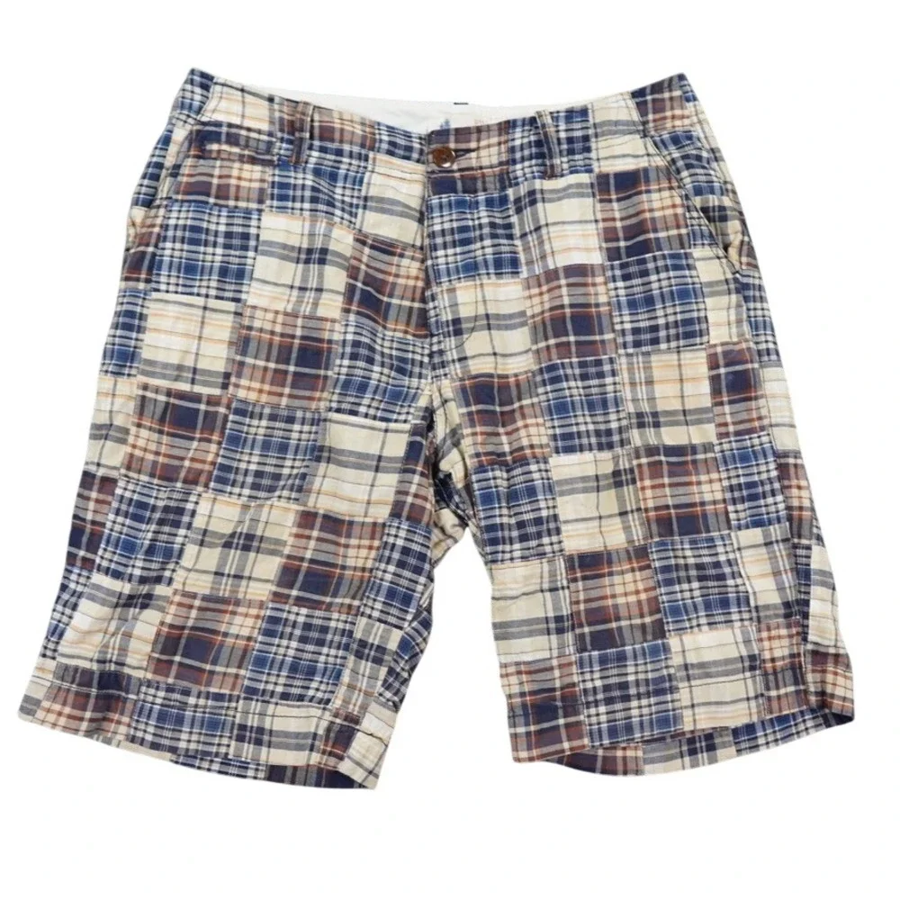 J Crew Patchwork Madras Shorts Mens 32 Blue Tan Plaid Cotton Summer Preppy